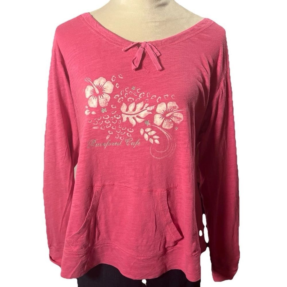 Rainforest Cafe Logo T-Shirt Long Sleeve Size XL Coral & Floral Logo pockets
